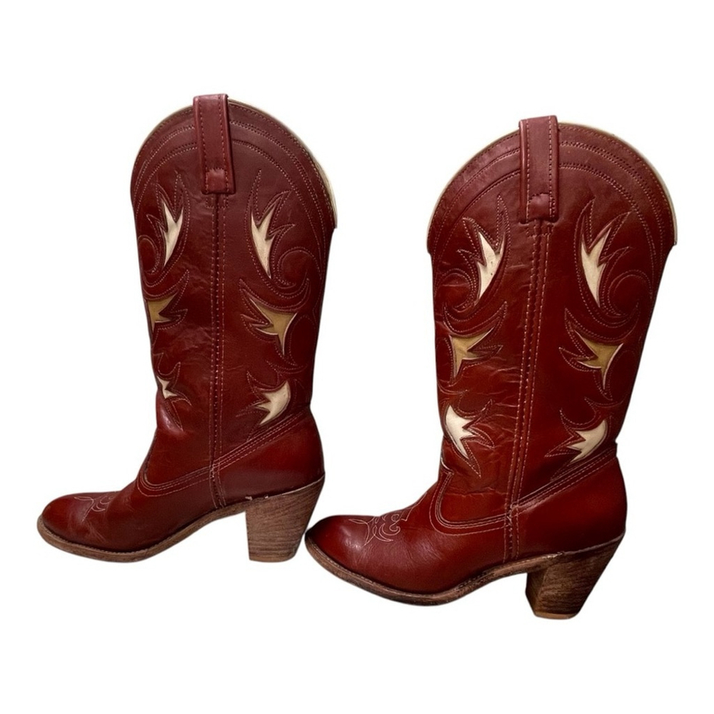 Dingo Acme Vintage Inlay Leaf Tall stacked heel Leather Western Boots Womens 8M
